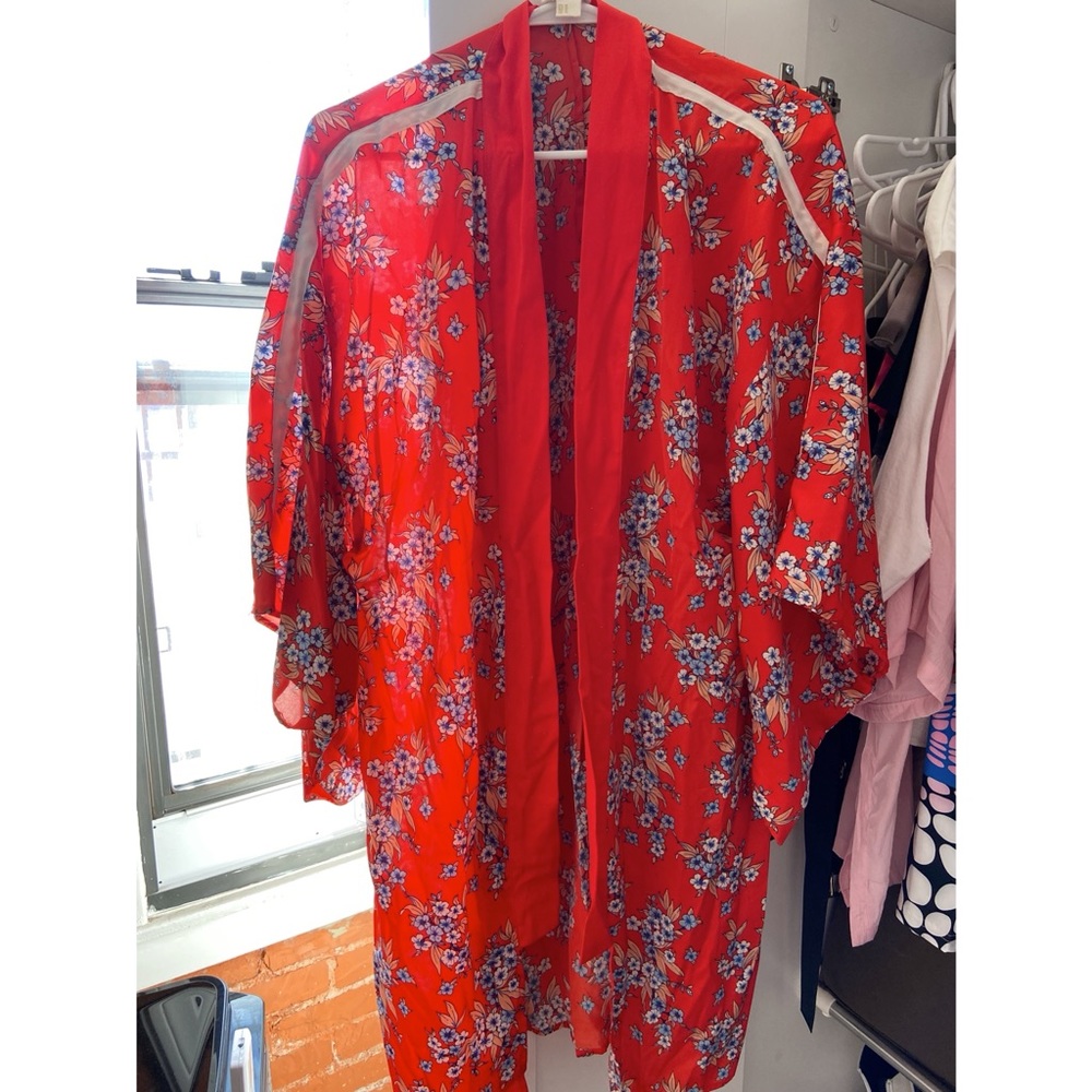 Japanese inspired floral open shawl / “kimono” with white strip down sleeves.